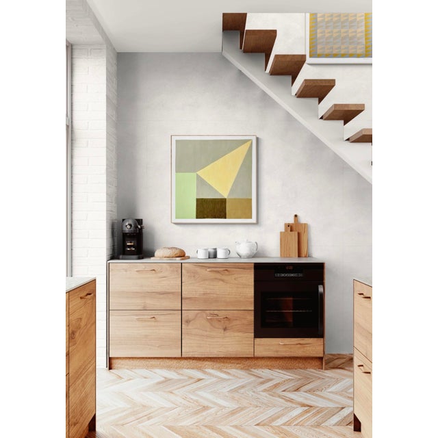 This contemporary piece makes use of both color pencil and acrylic gouache paint on paper. The background consists of...