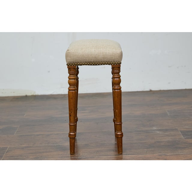 English 19th Century Petite Oak Stool with Turned Legs and Linen Upholstery For Sale - Image 4 of 7