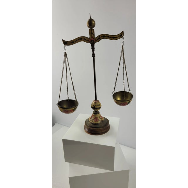 1970s Vintage Etched Brass Scales of Justice, Display, Apothecary Hand Painted Details For Sale - Image 4 of 7