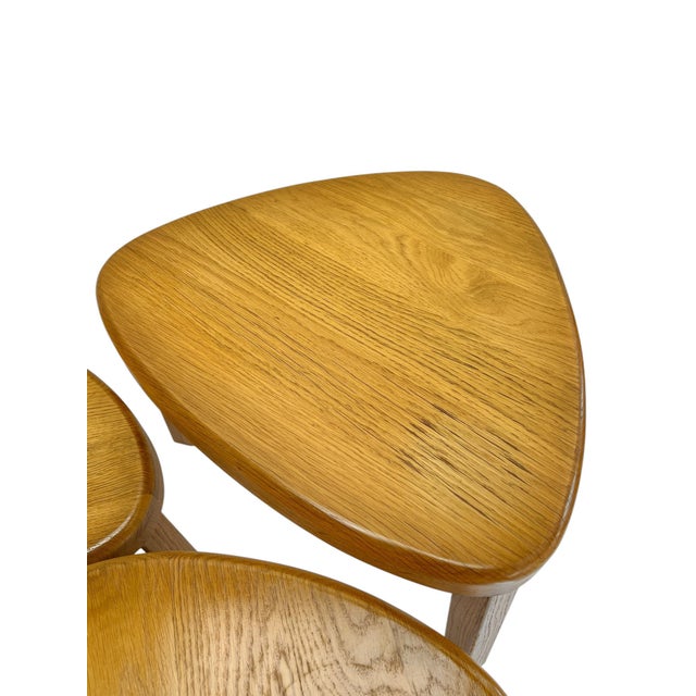 Tan Triangular Oak Nesting Tables from Pierre Chapo, 1970s, Set of 3 For Sale - Image 8 of 12