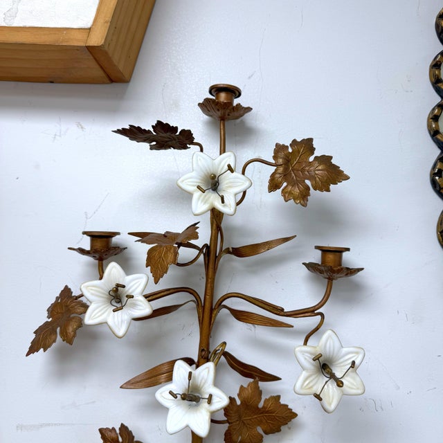 Pair of Late 19th Century French Gilt Metal and Opaline Glass Five-Light Floral Candle Sconces For Sale - Image 12 of 12