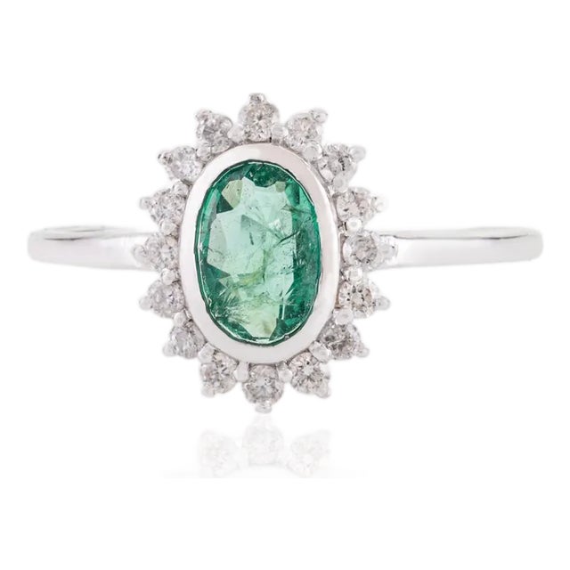 Natural Emerald Diamond Halo Art Deco Ring Size 6.5 in 14k White Gold For Sale