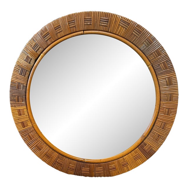 Vintage Round Bamboo Mirror Italy 1980s For Sale