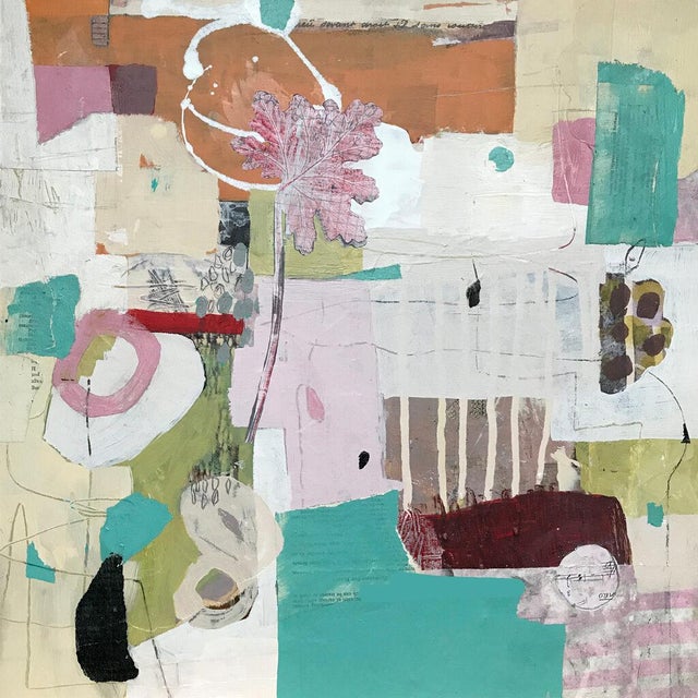 Abstract Christiane Corcelle "Droit Fil Sans Couture" Mixed Media on Board, Framed Abstract Collage Painting With Pink Flower, 2022 For Sale - Image 3 of 6