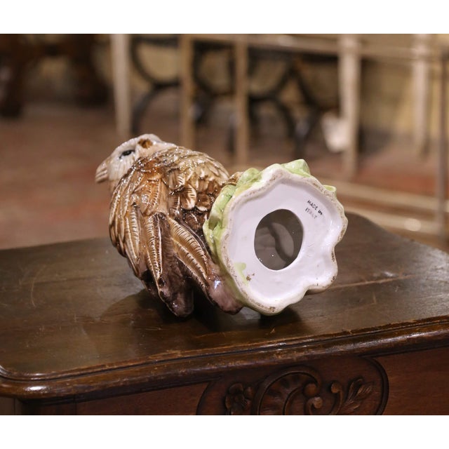 Tan Mid 20th Century Mid-Century Italian Hand Painted Glazed Ceramic Owl Sculpture With Foliage Base For Sale - Image 8 of 9