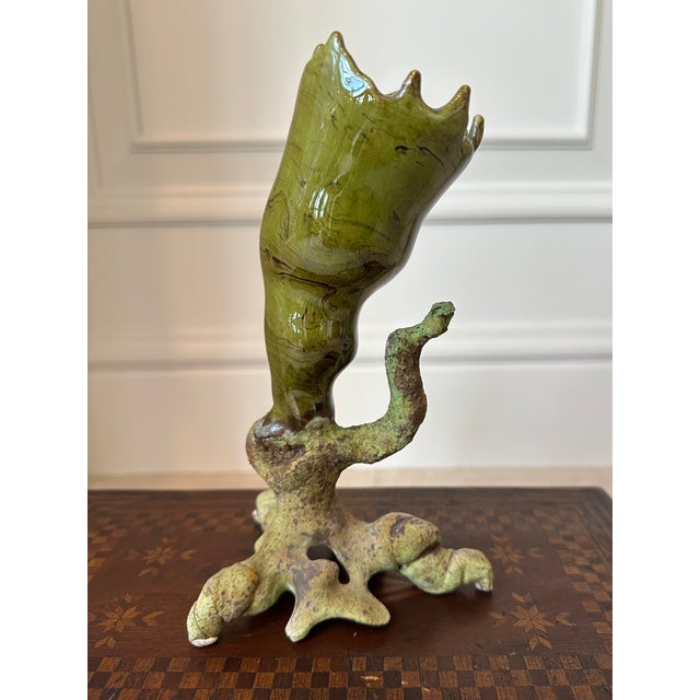 Fantastic 1999 Handmade Brutalist Ceramic Sculpture. Twisting, vine-like base in matte ceramic, topped with a glazed pod-...