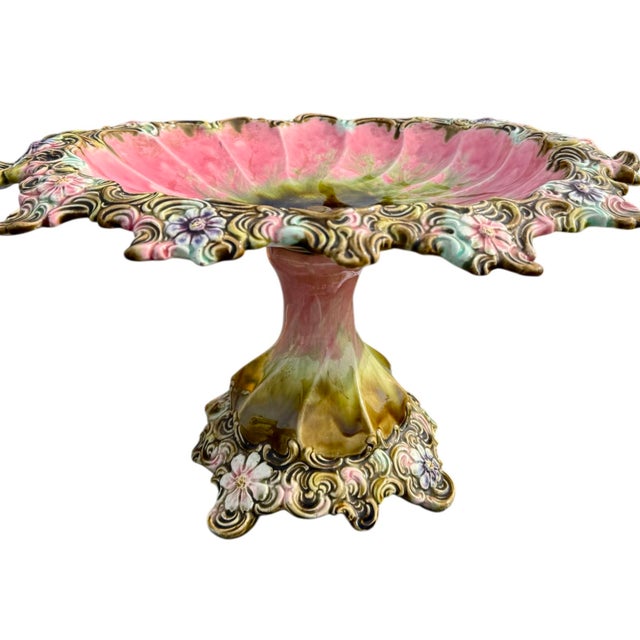 Majolica Antique European Majolica Compote For Sale - Image 4 of 11