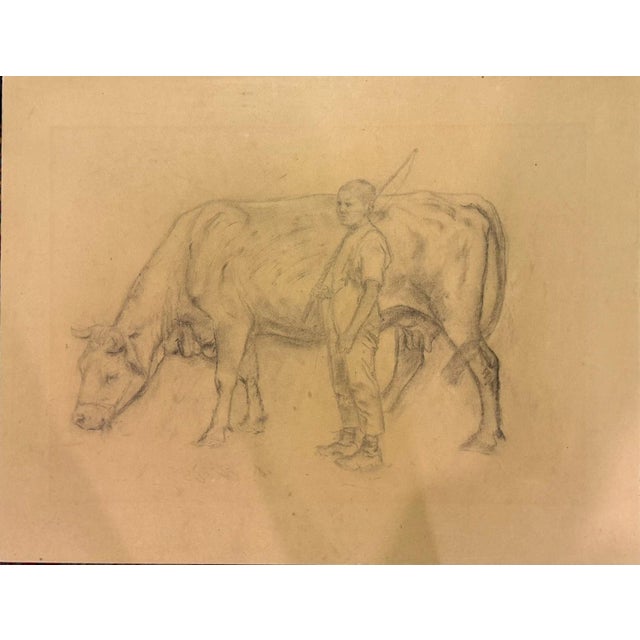 Modern Heinrich Pforr, Cowherd, Brother August with Cow, 1920s, Pencil For Sale - Image 3 of 10