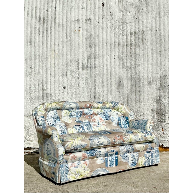 Wood Vintage Regency Blue and White Vase Printed Loveseat For Sale - Image 7 of 11
