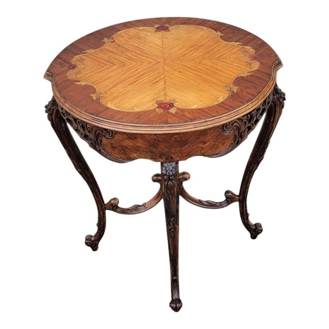 1940s Italian Walnut & Satinwood Inlay Carved Side Sofa Occasional Table For Sale - Image 13 of 13