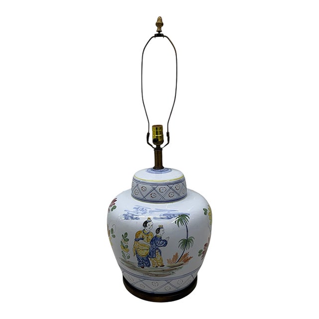 Vintage Oversized Italian Ceramic Lamp by Frederick Cooper Depicting Asian Scene For Sale