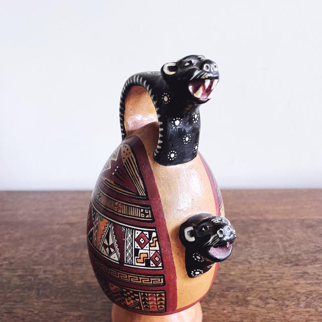 Folk Art Vintage Cusco Peruvian Jaguar Terracotta Vessel For Sale - Image 3 of 6