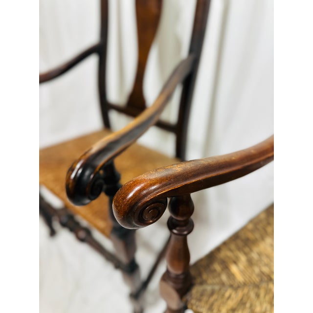 Pair of Antique 18th Century Queen Anne Style Mahogany Armchairs With Rush Seats For Sale - Image 4 of 14