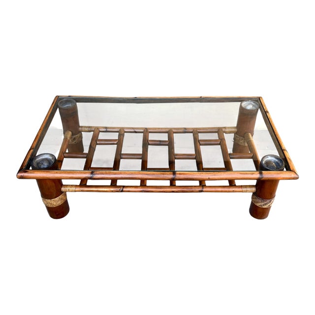 Vintage Bamboo Coffee Table With Glass Top and Rattan Details For Sale