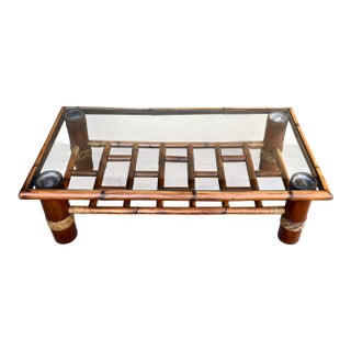 Vintage Coastal Bamboo Coffee Table W/ Glass Top & Rattan Wrapped Details For Sale