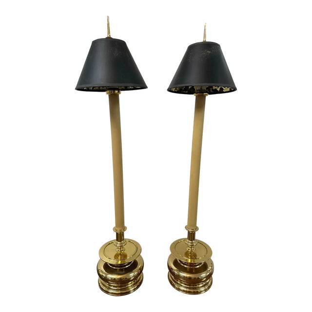 Pair of 1970s Chapman Attributed Brass Candlestick Table Lamps For Sale
