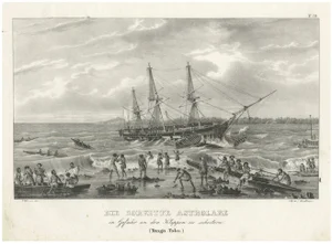 Louis Auguste de Sainson, Illustration of the Corvette Astrolabe in Peril Near Cliffs, Tonga-Tabu, 1836, Print