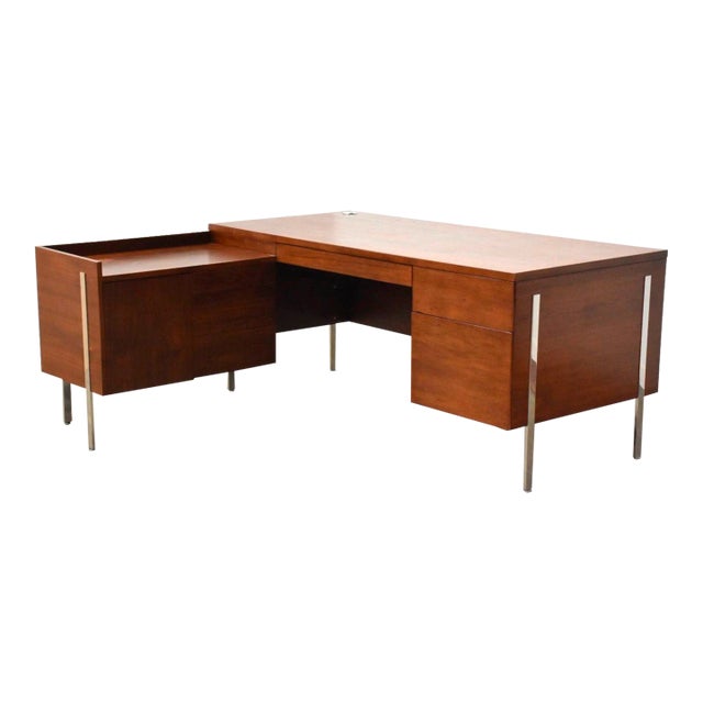 Harvey Probber Walnut & Chrome L Shaped Desk For Sale