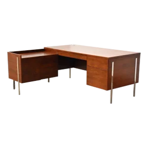 Harvey Probber Walnut & Chrome L Shaped Desk