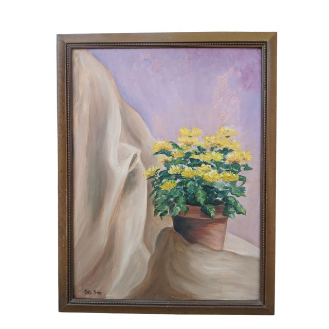 Yellow 1960s Original Still Life Yellow Mum Flowers Painting Signed For Sale - Image 8 of 13
