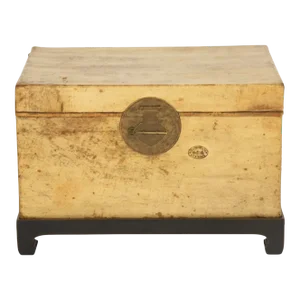 Chinese Parchment Leather Trunk on Stand Brass Mounts and Handles