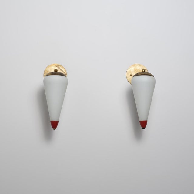 Large Italian Wall Sconces in Brass, Red Metal and Opaline Glass, 1950s, Set of 2 For Sale - Image 12 of 15