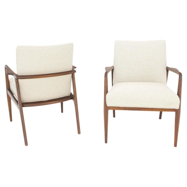 Linen New Oatmeal Tweed Upholstery Oiled Walnut Side Arm Chairs Jens Risom Style MINT! For Sale - Image 8 of 14