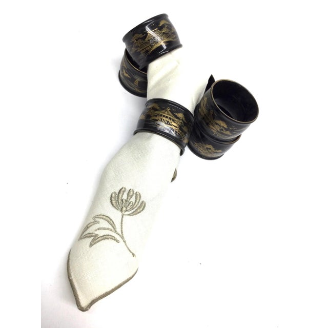 Antique Japanese Lacquered Wood Hand-Painted Napkin Rings Set of 6 For Sale - Image 4 of 9