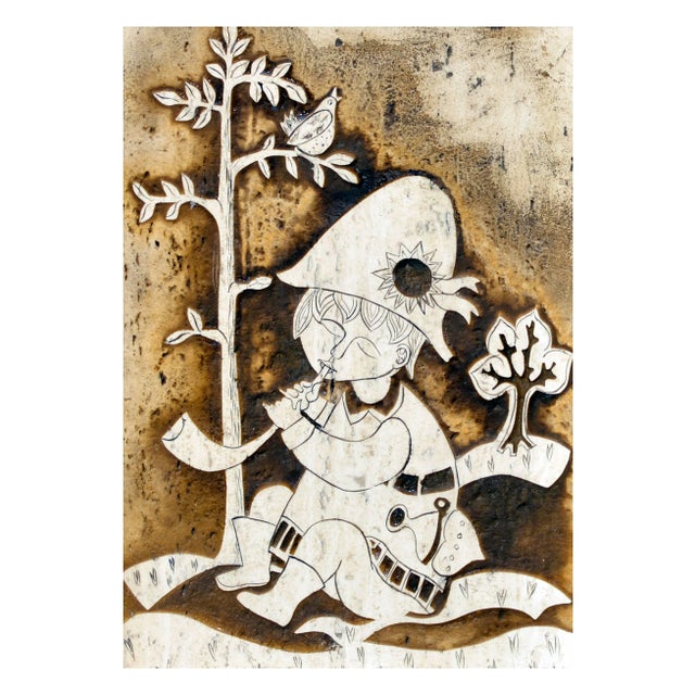 Carved marble flute player by Rodney Marshall Winfield (American, b. 1925). Presented in a rustic wooden frame. Unsigned....