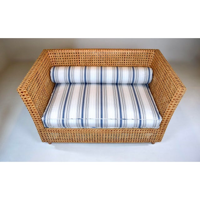 Modern Caned Teak Rattan Loveseat in Blue and White Sunbrella Fabric For Sale - Image 12 of 15