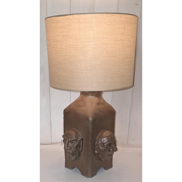 Vintage Table Lamp with Brown Ceramic Base with 4 Different Cartoon Faces and Beige Fabric Shade, 1982 For Sale - Image 15 of 15