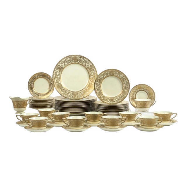 Royal Worcester Porcelain Gold Encrusted Embassy 65p Dinnerware Set For Sale