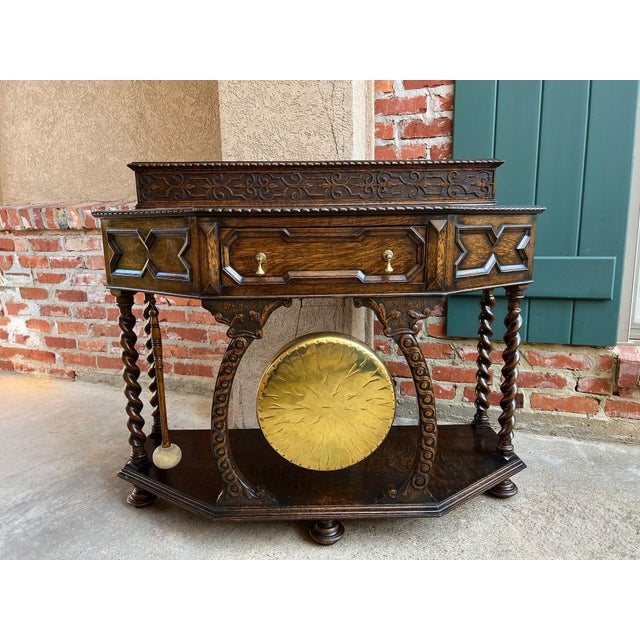 Victorian Antique English Console Hall Table Jacobean Carved Oak Barley Twist Gong C1880 For Sale - Image 3 of 18