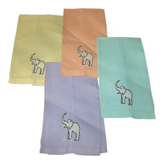 Vintage Applique Elephant Cocktail Luncheon Napkins in Assorted Colors- Set of 4 For Sale