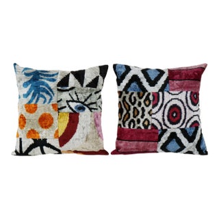 Ikat Velvet Patchwork Pillow Cover - A Pair For Sale