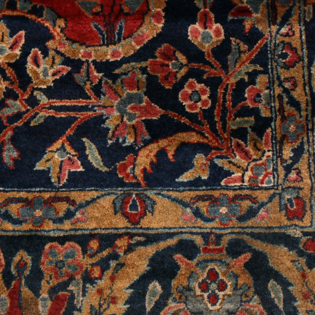 Antique Kashan Traditional Red And Navy Blue Wool Persian Rug With