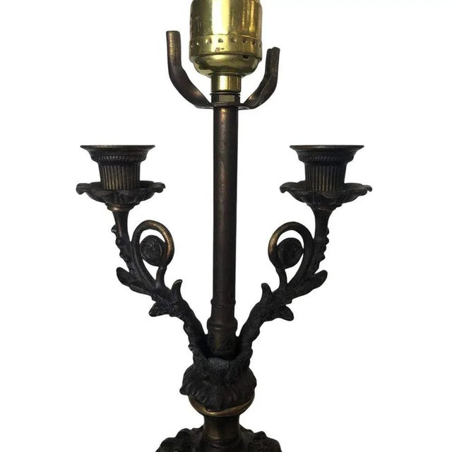Traditional Neo-Classic Bronze Patina Cherub Candelabra Table Lamp For Sale - Image 3 of 9