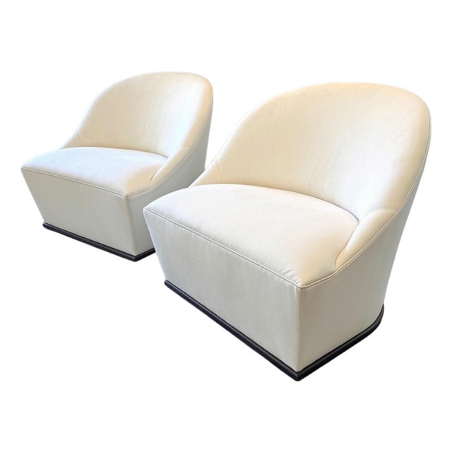 Lee Swivel Chair With Oak Plinth Base in White Linen, Pair For Sale