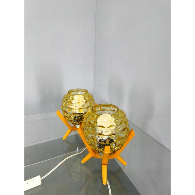 Mid-Century Wood and Yellow Glass Table Lamps, Czech, 1970s, Set of 2 For Sale - Image 3 of 11