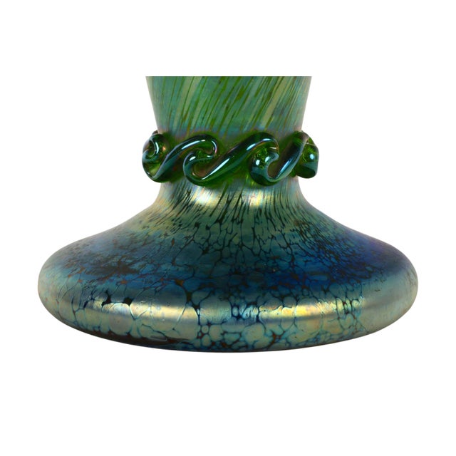 Glass Loetz Blue Green Iridescent Art Glass Trumpet Vase For Sale - Image 7 of 9