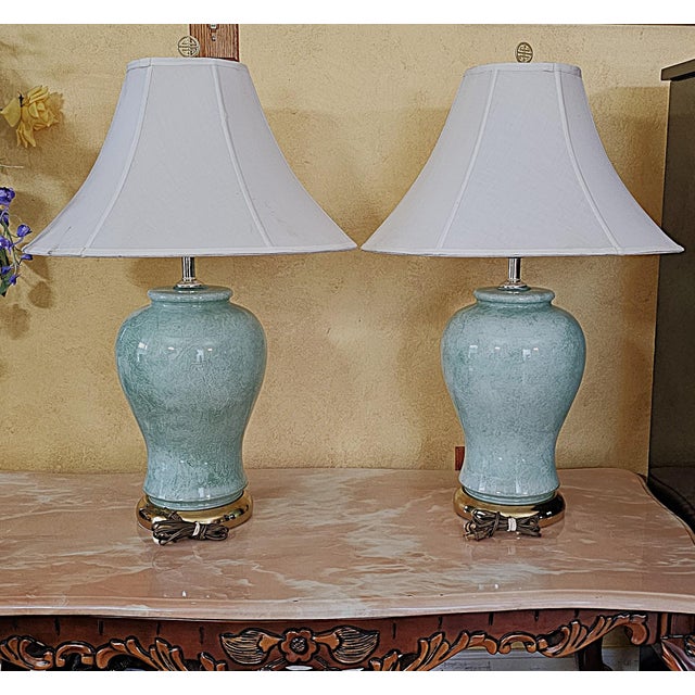 Pair of Vintage Celadon Glazed Ceramic Ginger Jar Table Lamps For Sale - Image 4 of 18