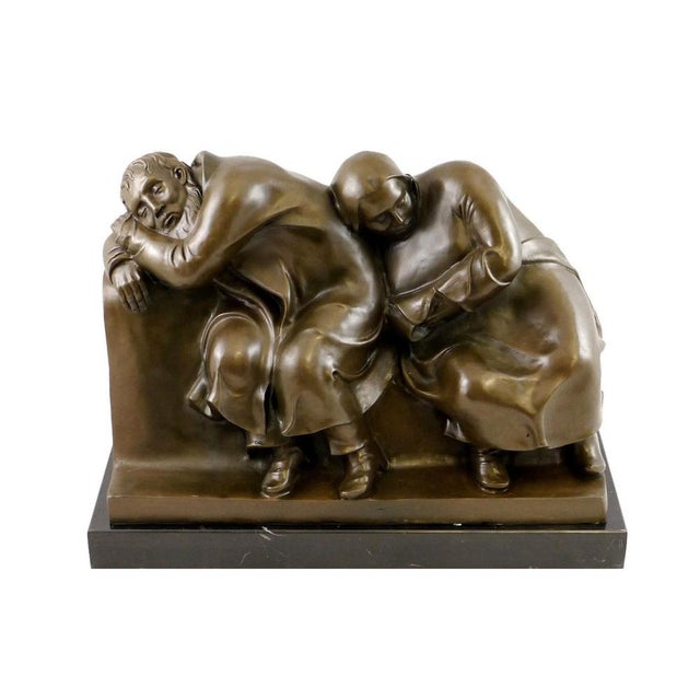 This bronze sculpture depicts two figures captured in a moment of shared rest. The characters are rendered with the...