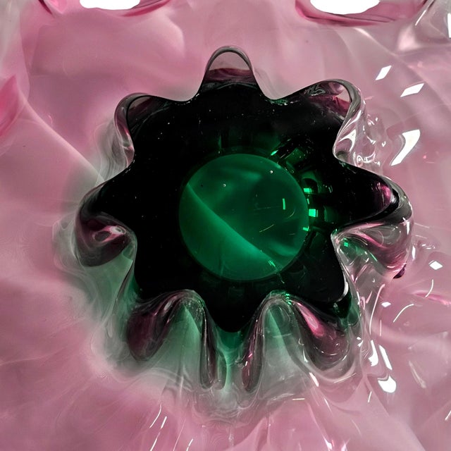 Murano Style Sommerso Art Glass Ruffled Centerpiece Bowl Pink Green 20" For Sale - Image 17 of 17