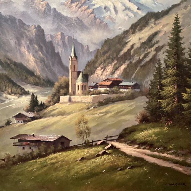 Mid-Century Modern Early 20th Century Mid Century Modern Oil Painting Alpine Church Landscape by Othmar Wagner Austria For Sale - Image 3 of 12