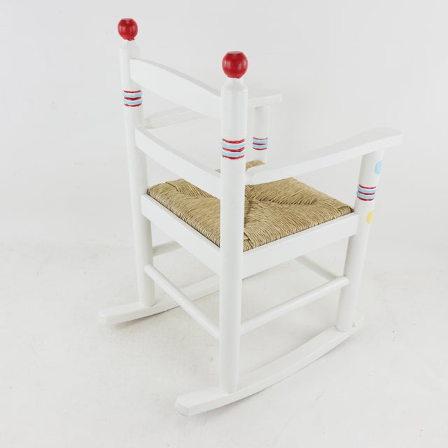 Lovely Hand-Painted Children's Rocking Chair With Hand-Woven Reed Seat Cushions For Sale - Image 4 of 12