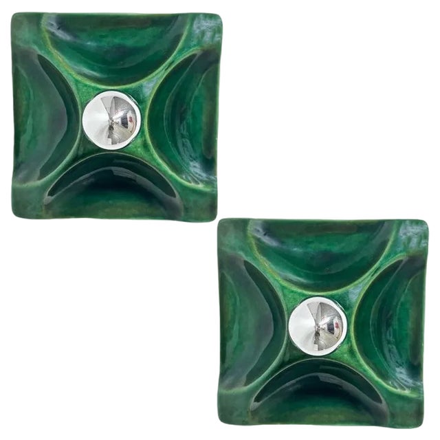 German Green Square Ceramic Wall Lights, 1970, Set of 2 For Sale