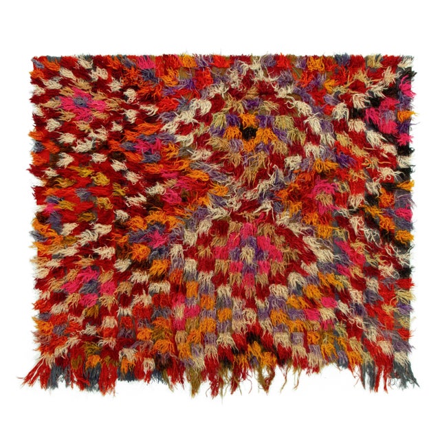 Traditional Hand-Knotted Vintage Tulu Shag Rug in Red, Multicolor Geometric Pattern For Sale - Image 3 of 6