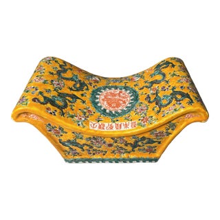 C1910 Chinese Stoneware Pillow Enameled Dragons & Decorations Marigold Yellow For Sale