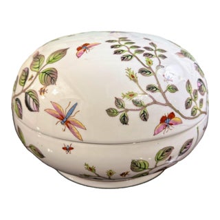 Large Chinoiserie Porcelain Lidded Box Centerpiece With Butterflies Dragonflies and Floral Design For Sale