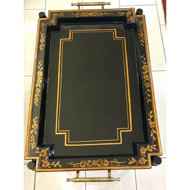 Vintage Chinoiserie Tiered Coffee Table With Serving Tray and Gold Metal Handles, Tiers Lined With Woven Cane, Faux Bamboo Legs and Floral Motifs For Sale In South Bend - Image 6 of 12